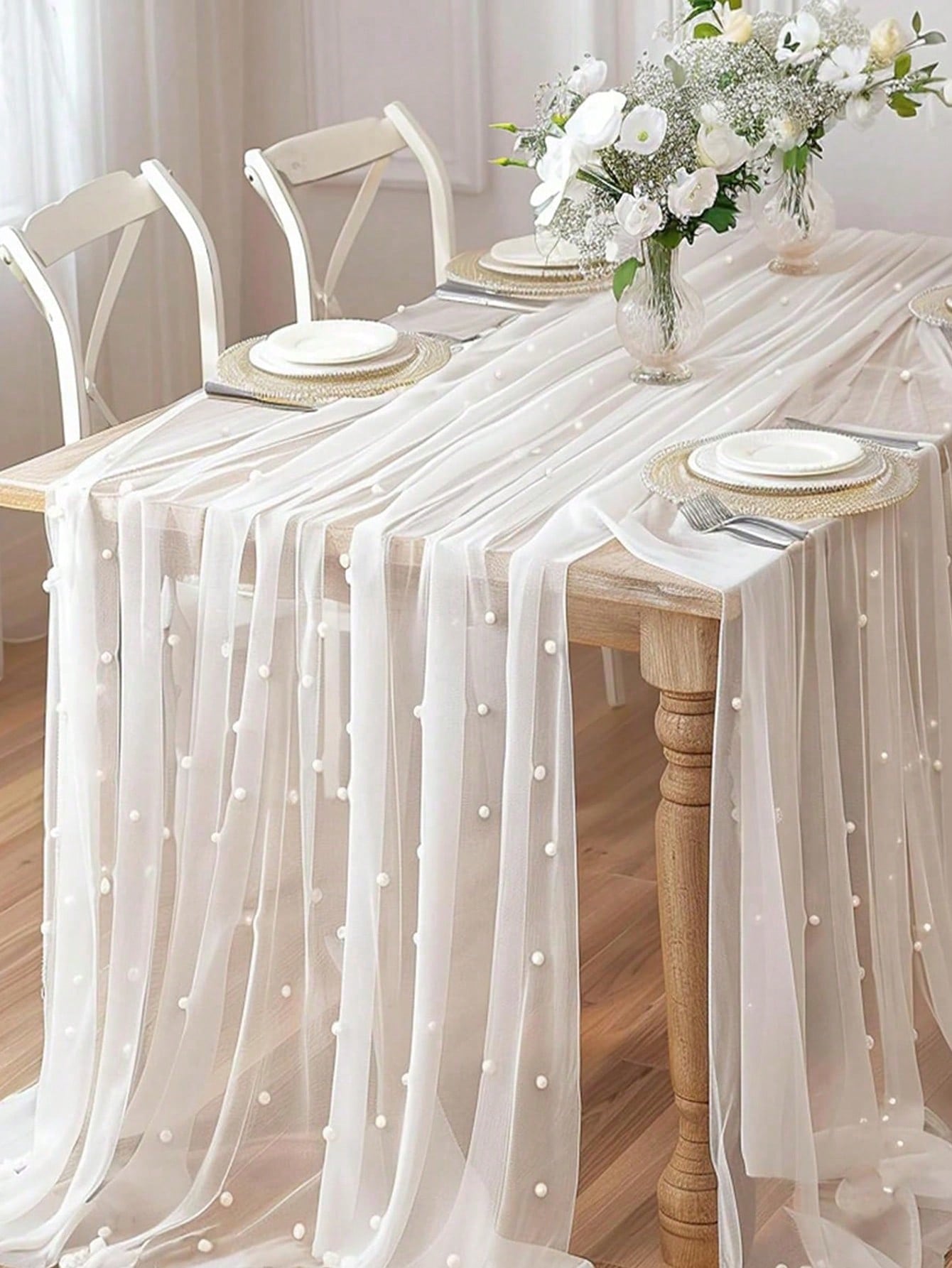 White Pearl Gauze Tablecloth Bohemian Country Style Cheesecloth Table Runner For Baby Shower Wedding Party Home Decor