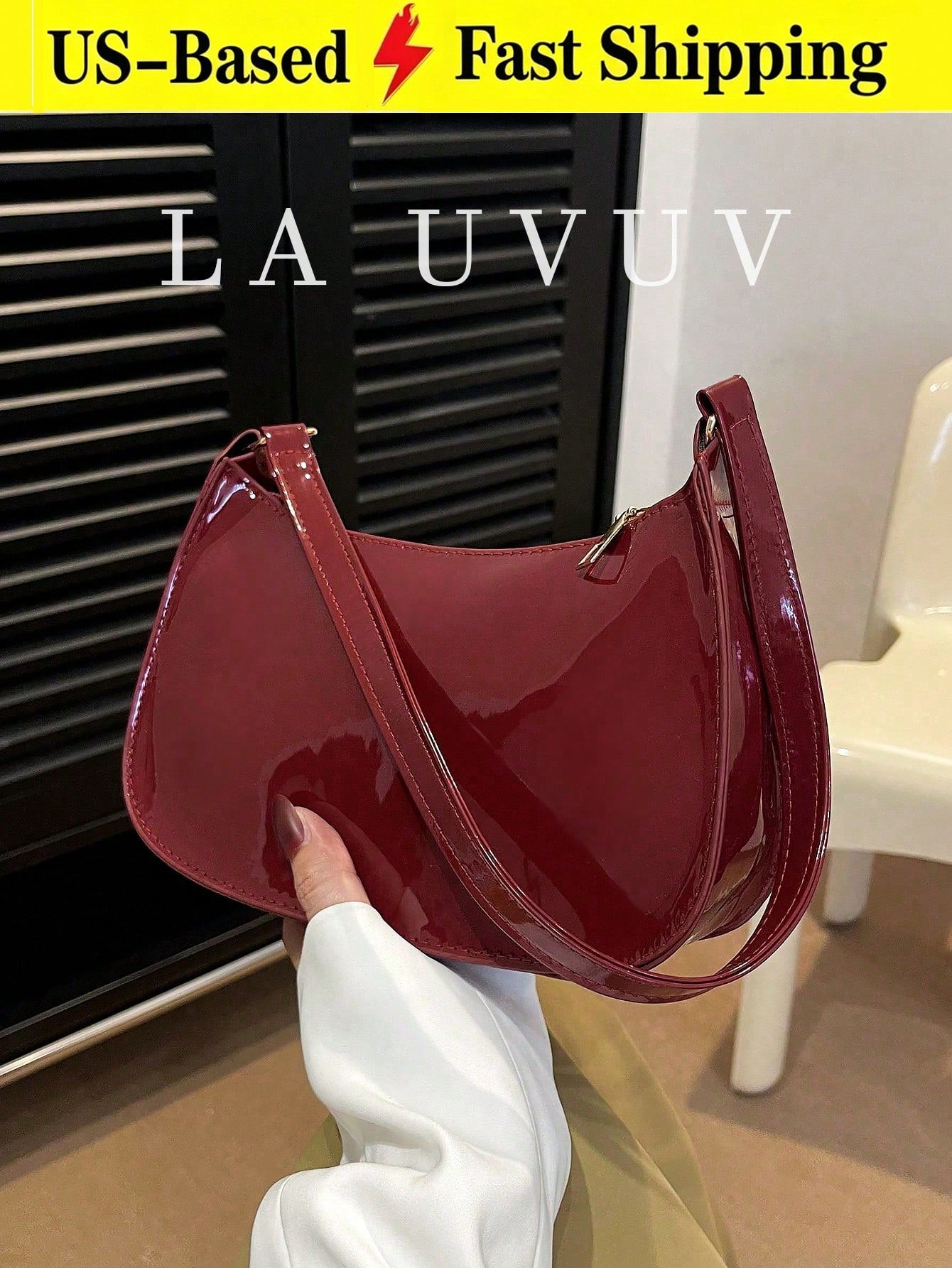 Wine Red Glossy Patent Crescent Hobo Purse For Women, Adjustable Strap Underarm Shoulder Tote Bag,Vintage Ladies Bags For Beach Work Date Daily Casual