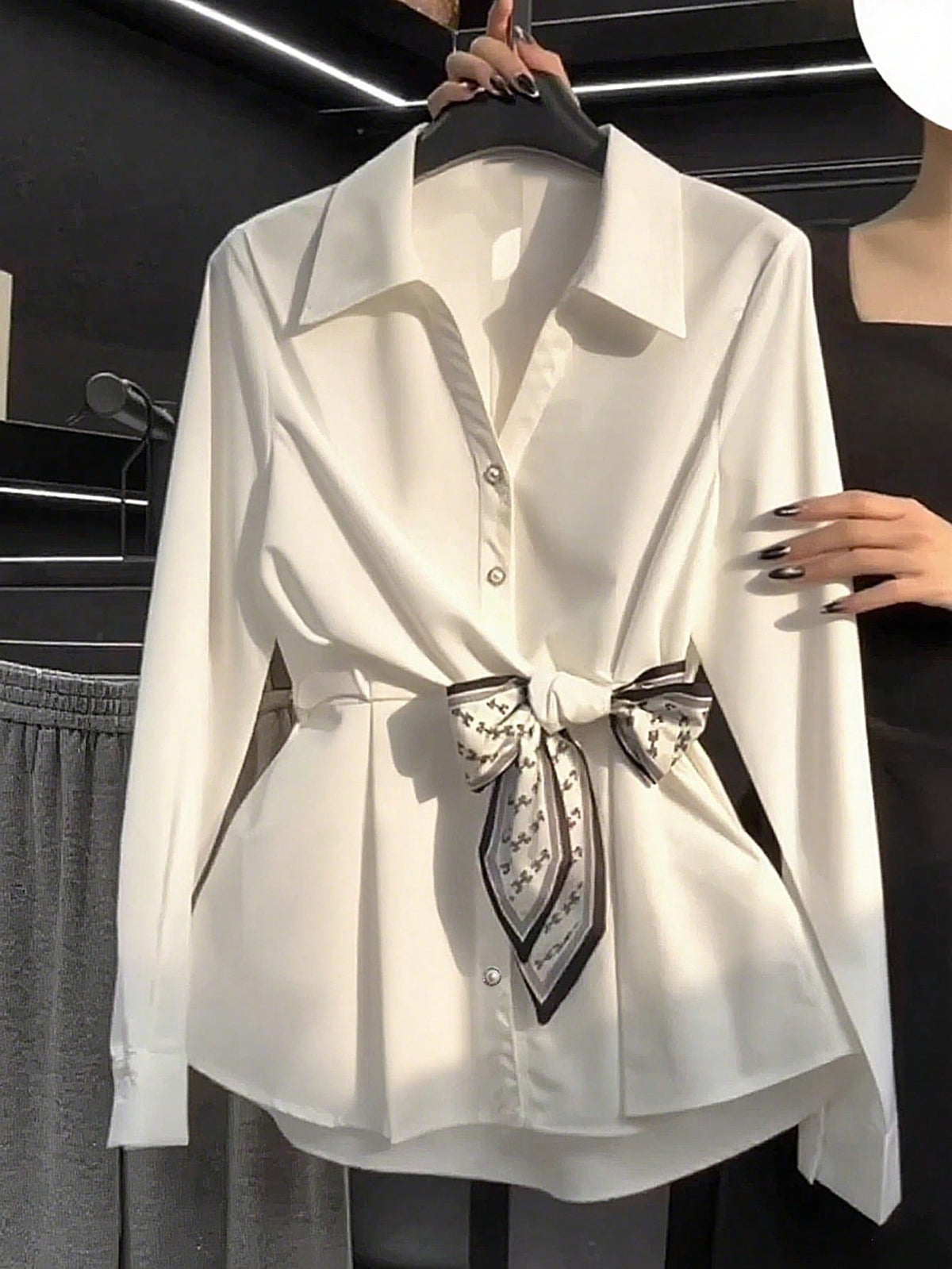Women's White Long Sleeve Cinched Waist Scarf Blouse, Elegant For Commuting And Outings, Spring/Summer