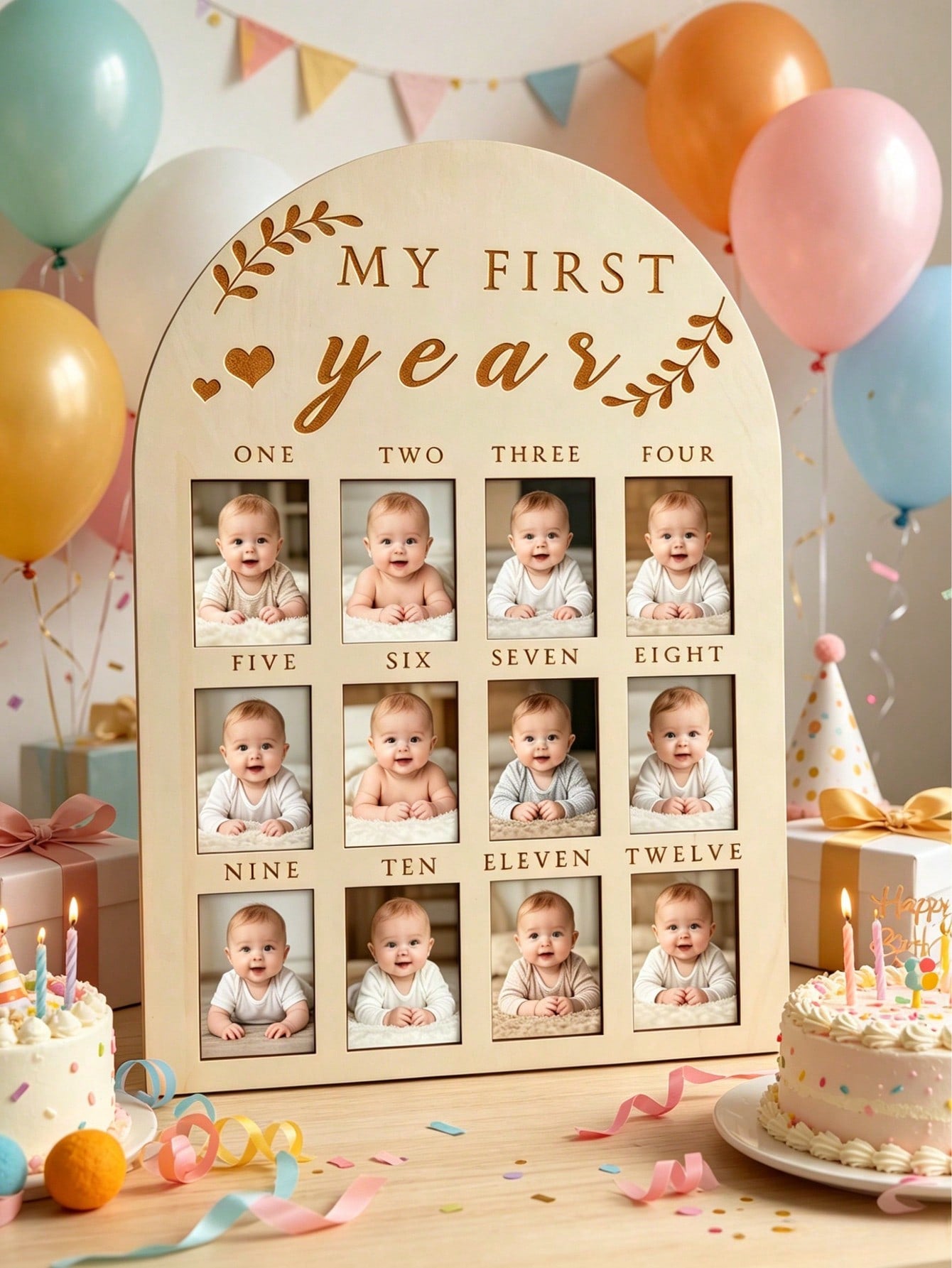 Wooden My First Year Photo Frame 12 Months Baby Monthly Milestone Collage Frame Baby 1st Birthday Decoration Keepsake Gift