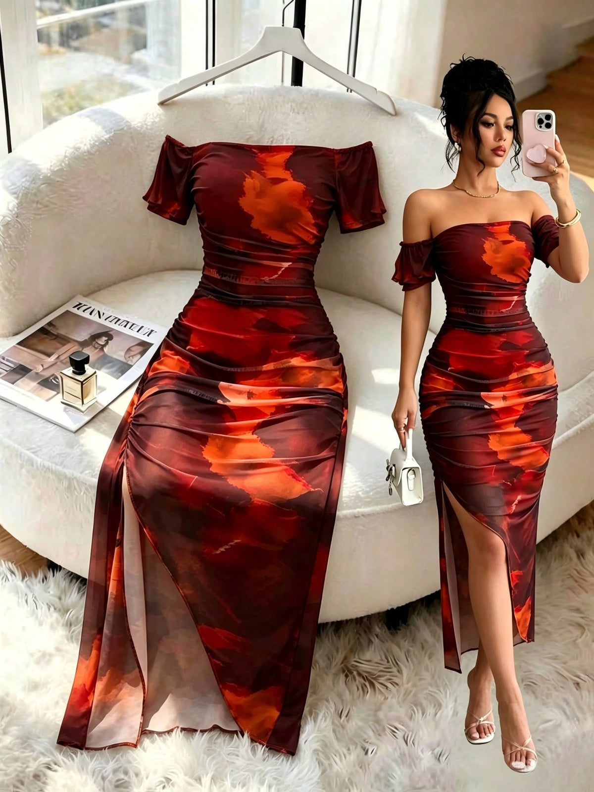 X Garcia Sisters Selianne Women's Luxury Evening Dress, Tie-Dye Print Off Shoulder Asymmetric Hem Sexy Dress