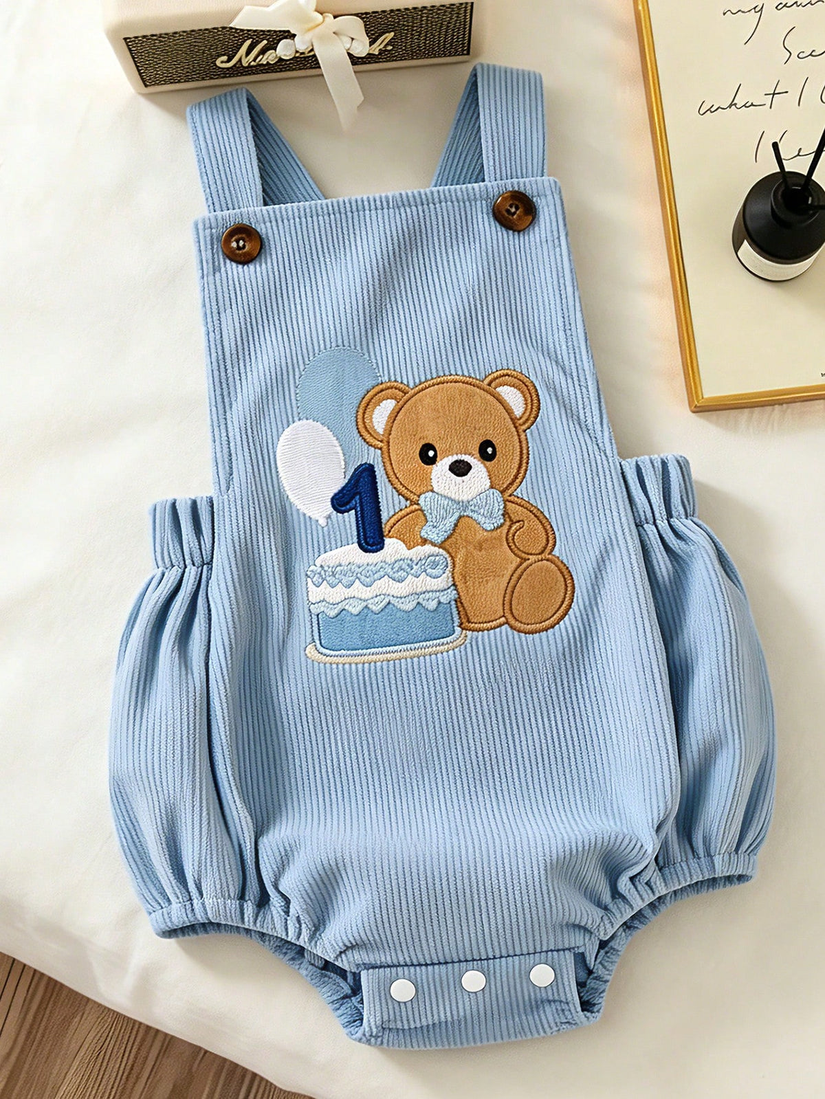 0-18M Newborn Baby Infant Baby Boy Summer Romper Corduroy Suspender Bear Cake Embroidery Snap Crotch 1st Birthday Outfit