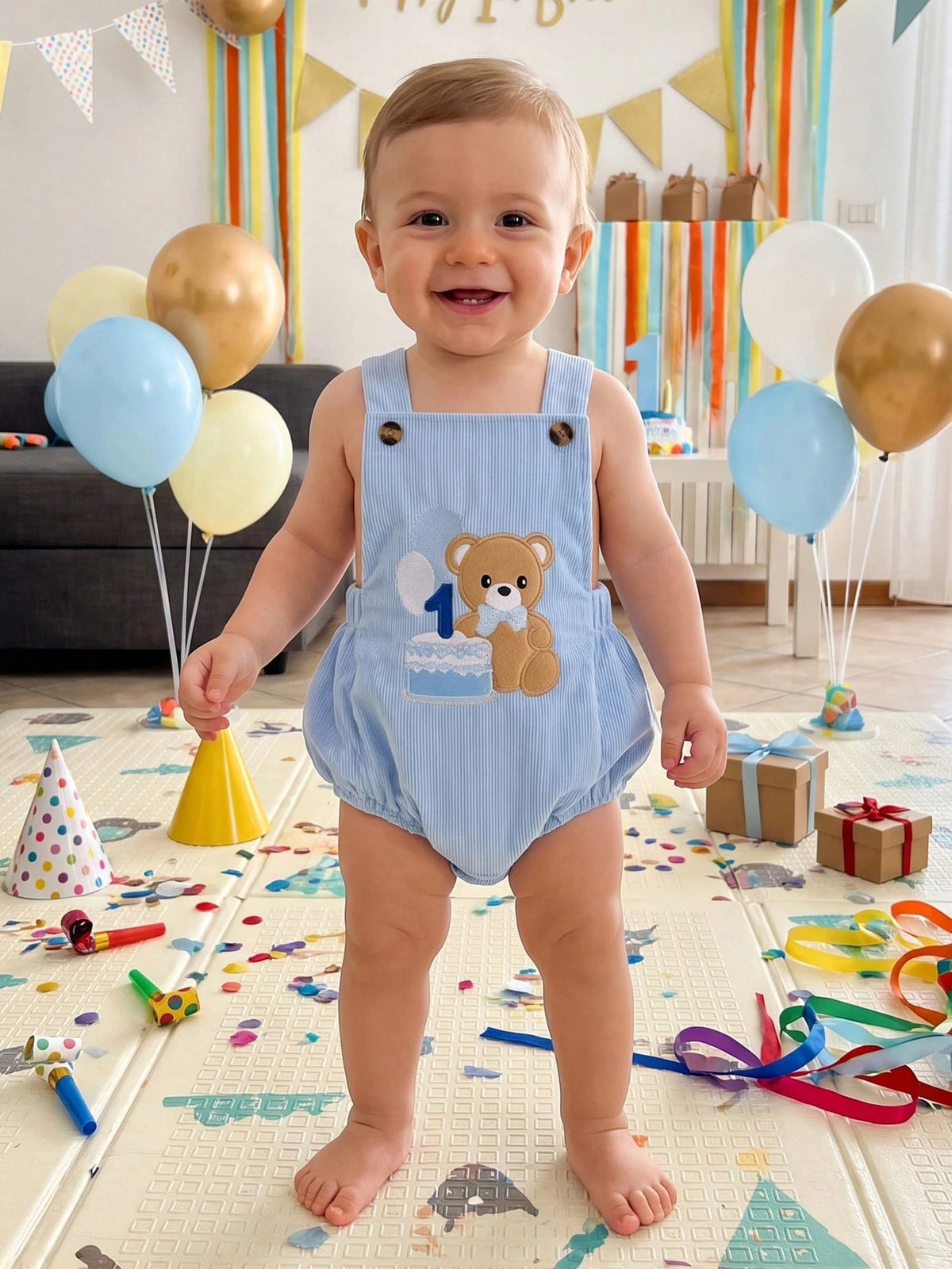 0-18M Newborn Baby Infant Baby Boy Summer Romper Corduroy Suspender Bear Cake Embroidery Snap Crotch 1st Birthday Outfit