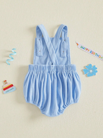 0-18M Newborn Baby Infant Baby Boy Summer Romper Corduroy Suspender Bear Cake Embroidery Snap Crotch 1st Birthday Outfit