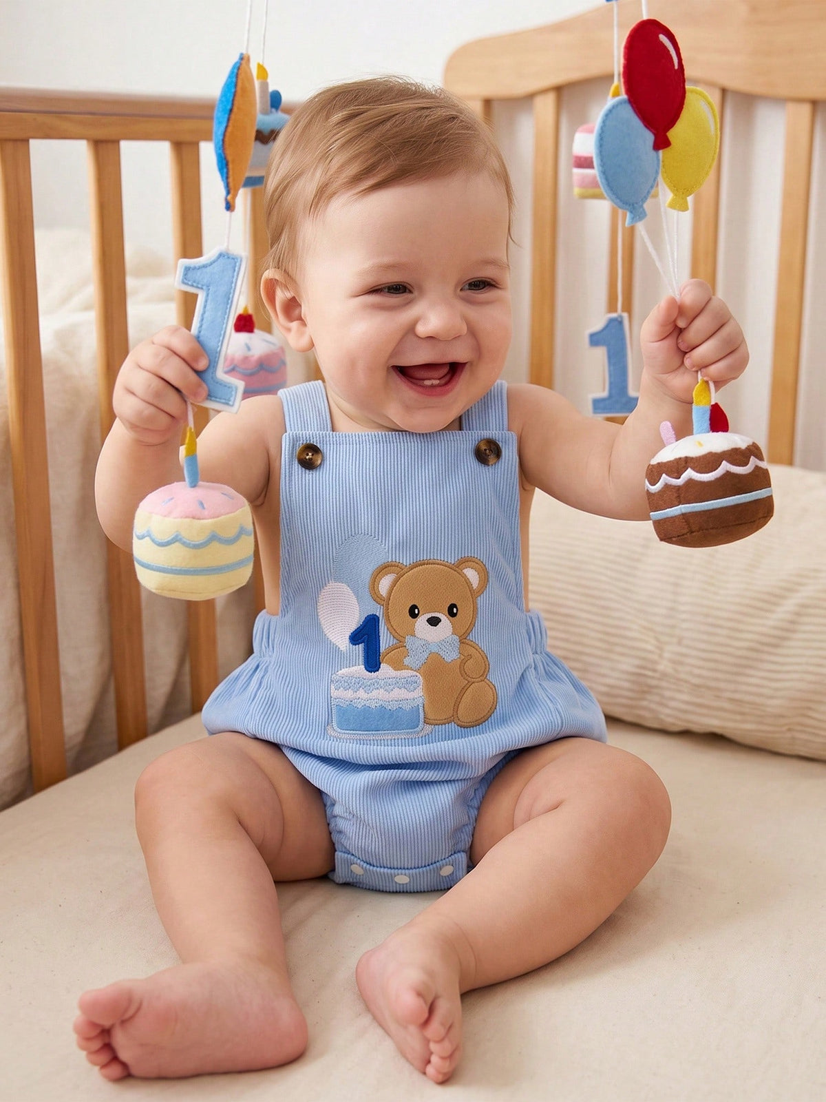 0-18M Newborn Baby Infant Baby Boy Summer Romper Corduroy Suspender Bear Cake Embroidery Snap Crotch 1st Birthday Outfit