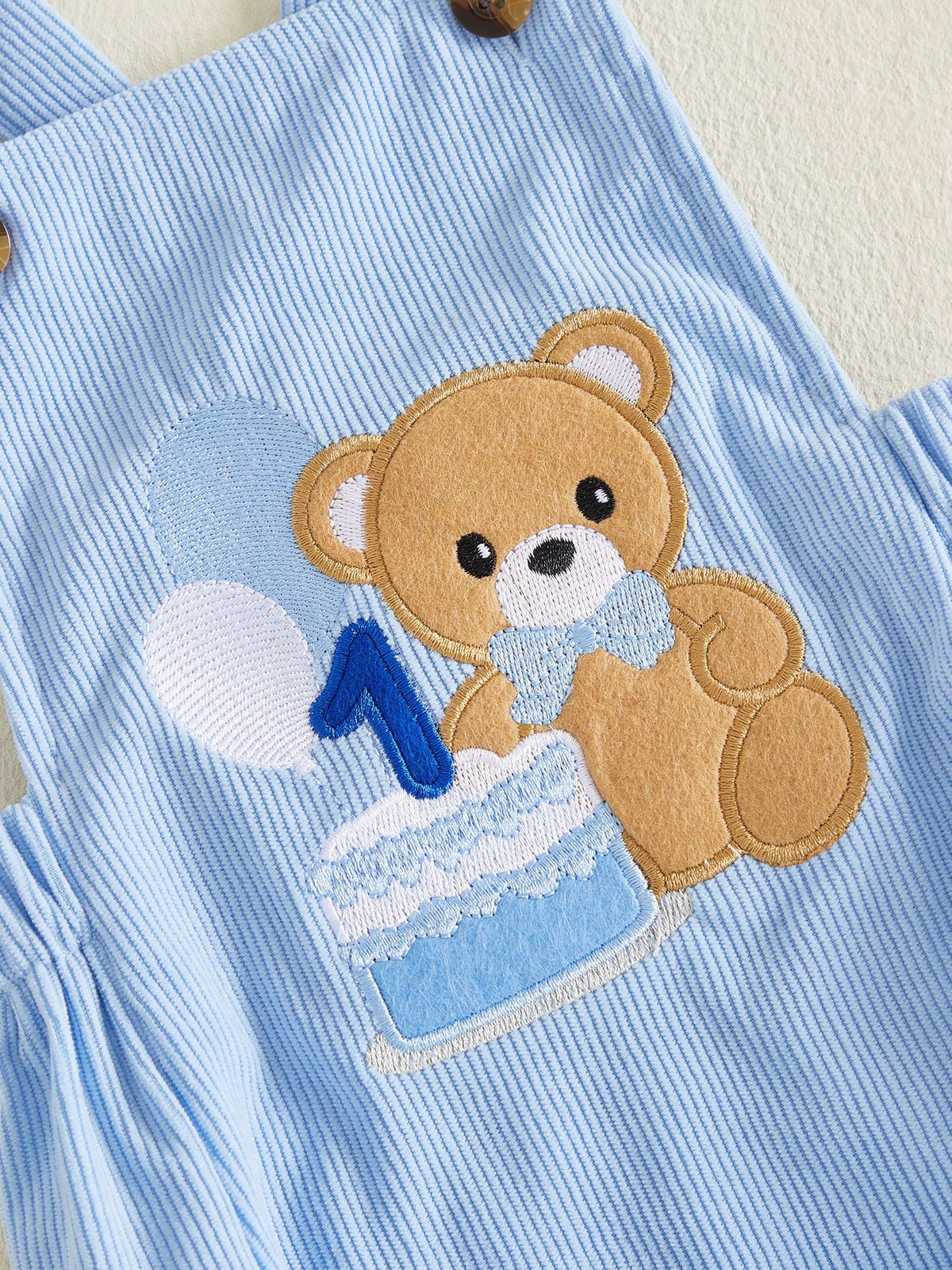 0-18M Newborn Baby Infant Baby Boy Summer Romper Corduroy Suspender Bear Cake Embroidery Snap Crotch 1st Birthday Outfit