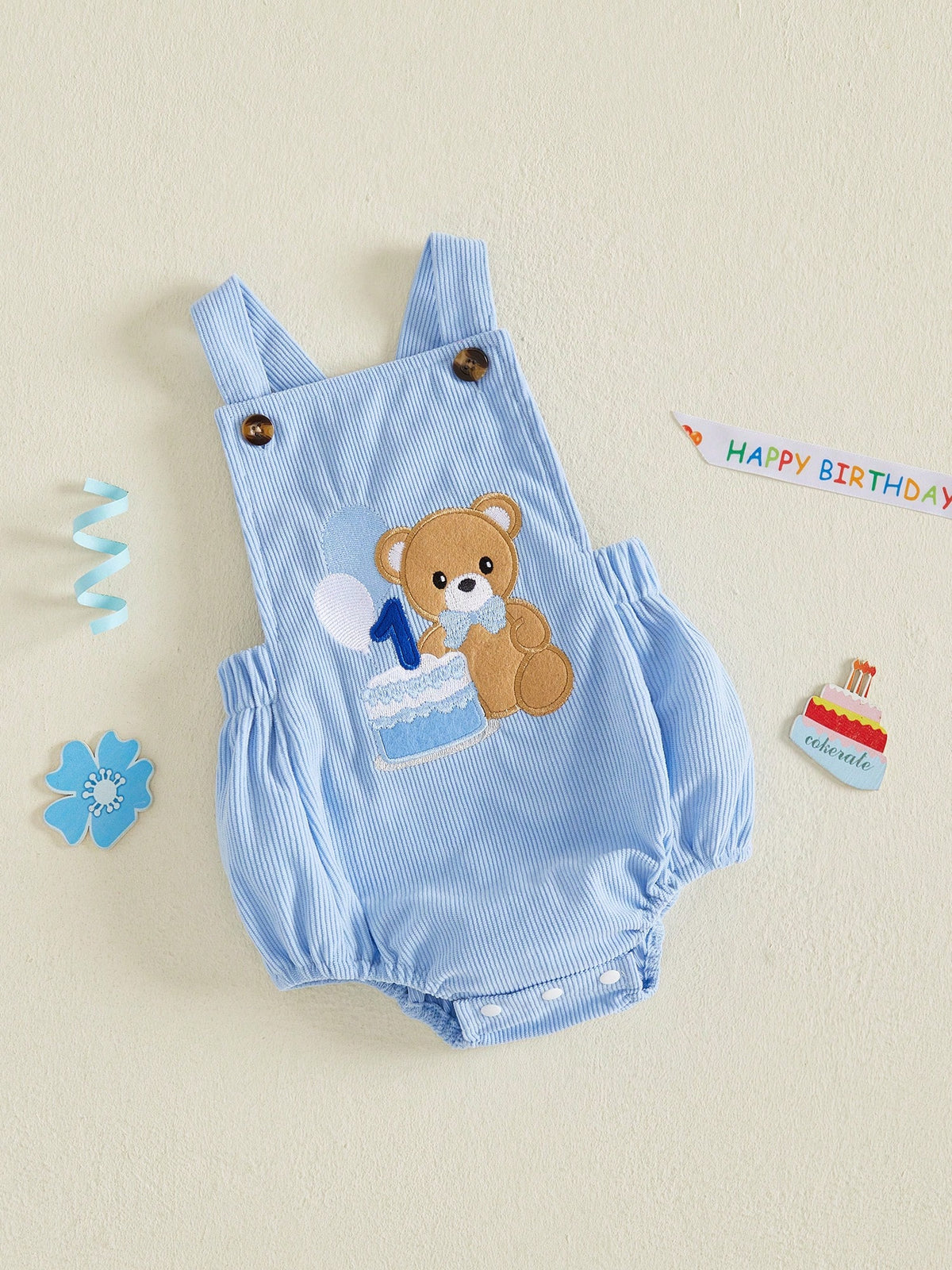 0-18M Newborn Baby Infant Baby Boy Summer Romper Corduroy Suspender Bear Cake Embroidery Snap Crotch 1st Birthday Outfit
