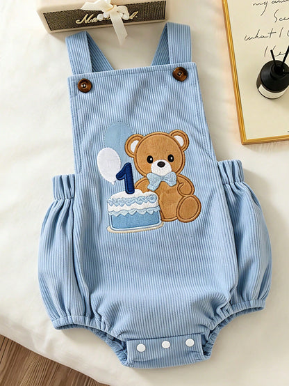 0-18M Newborn Baby Infant Baby Boy Summer Romper Corduroy Suspender Bear Cake Embroidery Snap Crotch 1st Birthday Outfit