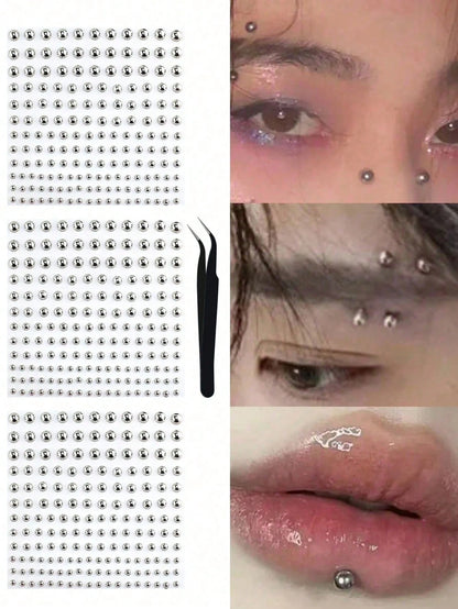 1/2/3/4pcs Lip Piercing Jewelry, Y2K Style Fake Piercing Jewelry (Nose Stud, Eyebrow Stud), No-Piercing Silver Belly Button Sticker, Punk Y2K Makeup Sticker (Unisex), Gift, Travel Essential, Affordabl
