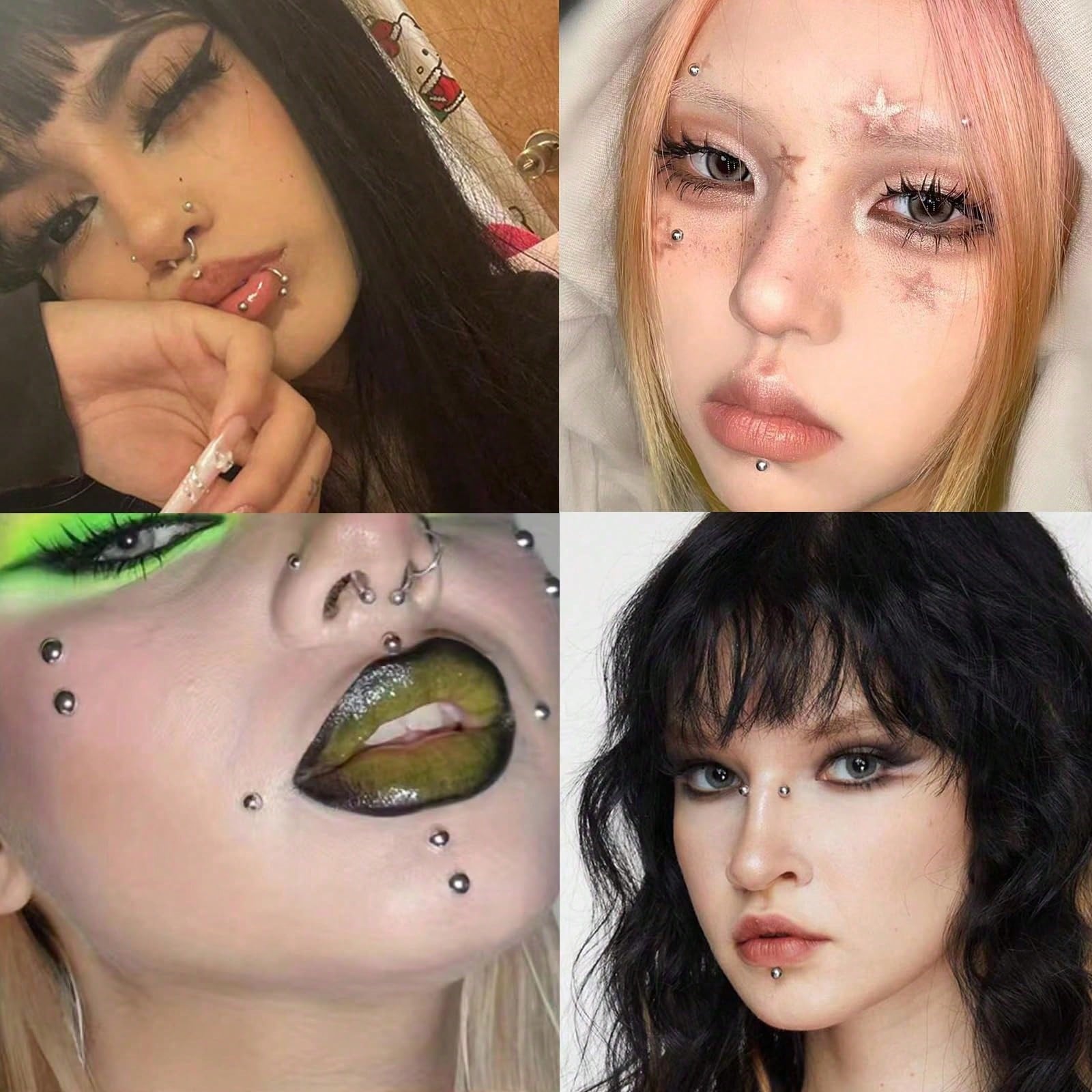 1/2/3/4pcs Lip Piercing Jewelry, Y2K Style Fake Piercing Jewelry (Nose Stud, Eyebrow Stud), No-Piercing Silver Belly Button Sticker, Punk Y2K Makeup Sticker (Unisex), Gift, Travel Essential, Affordabl