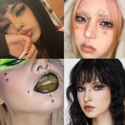 1/2/3/4pcs Lip Piercing Jewelry, Y2K Style Fake Piercing Jewelry (Nose Stud, Eyebrow Stud), No-Piercing Silver Belly Button Sticker, Punk Y2K Makeup Sticker (Unisex), Gift, Travel Essential, Affordabl