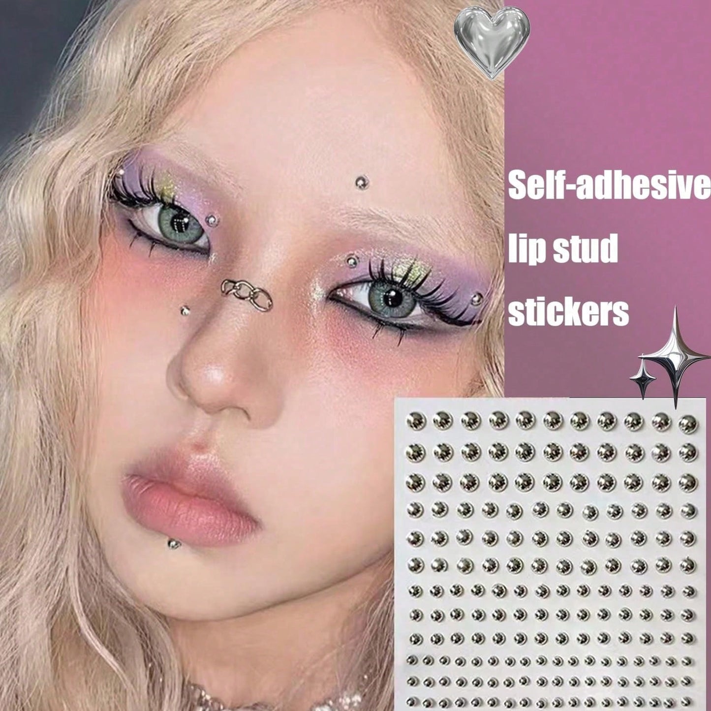 1/2/3/4pcs Lip Piercing Jewelry, Y2K Style Fake Piercing Jewelry (Nose Stud, Eyebrow Stud), No-Piercing Silver Belly Button Sticker, Punk Y2K Makeup Sticker (Unisex), Gift, Travel Essential, Affordabl