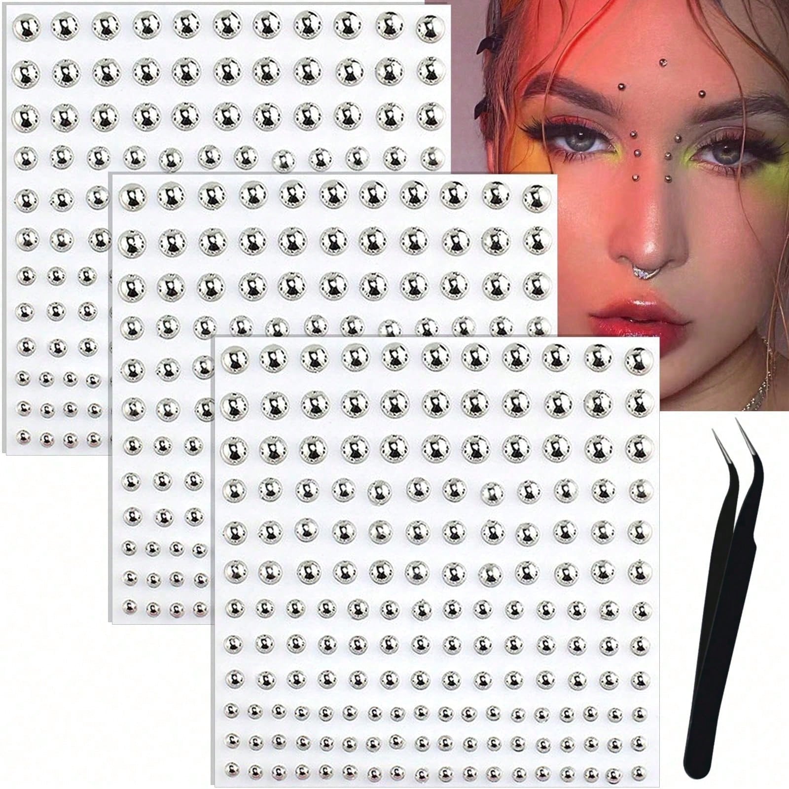 1/2/3/4pcs Lip Piercing Jewelry, Y2K Style Fake Piercing Jewelry (Nose Stud, Eyebrow Stud), No-Piercing Silver Belly Button Sticker, Punk Y2K Makeup Sticker (Unisex), Gift, Travel Essential, Affordabl