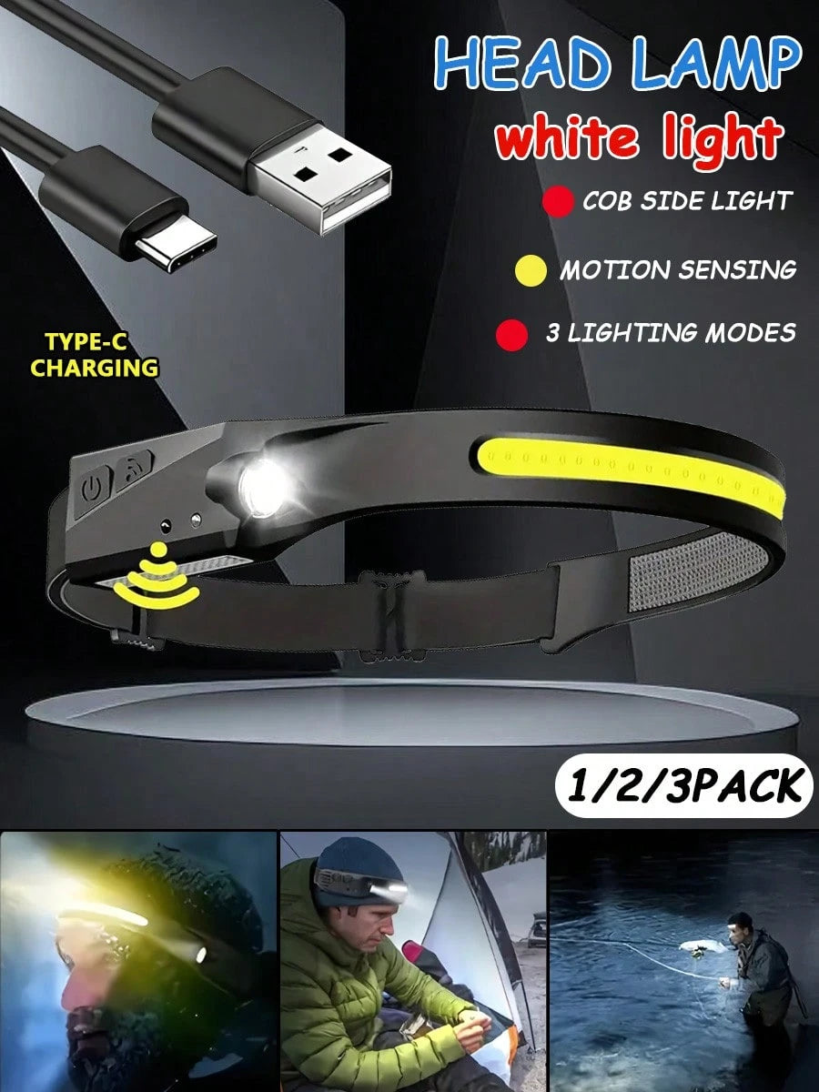 1/2/3 Rechargeable Wide-Angle Beam LED Headlights With Motion Sensing, Easy To Carry, With Adjustable Headband Light Strip, 3 Color Modes, Suitable For Camping, Running, And Nighttime Cycling, Includi