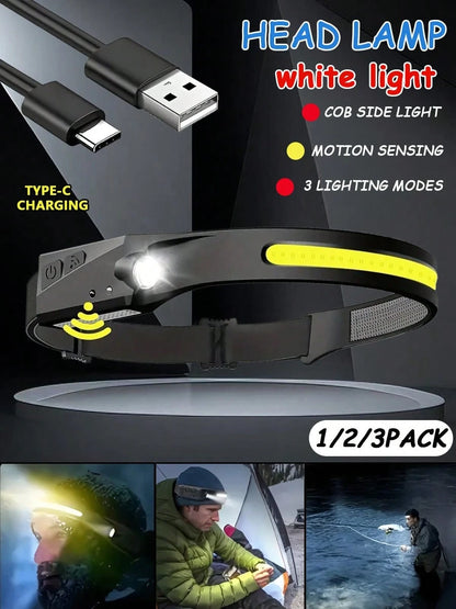 1/2/3 Rechargeable Wide-Angle Beam LED Headlights With Motion Sensing, Easy To Carry, With Adjustable Headband Light Strip, 3 Color Modes, Suitable For Camping, Running, And Nighttime Cycling, Includi