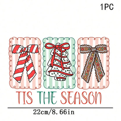 1/2/3PCS Durable Washable Heat Transfer Vinyl, TIS THE SEASON Text Candy Cane Bow Christmas Tree Gingerbread Bow Striped Wavy Border Cute Christmas Cartoon Pattern Heat Transfer, Vinyl Print, Heat Tra
