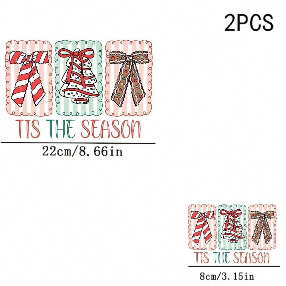 1/2/3PCS Durable Washable Heat Transfer Vinyl, TIS THE SEASON Text Candy Cane Bow Christmas Tree Gingerbread Bow Striped Wavy Border Cute Christmas Cartoon Pattern Heat Transfer, Vinyl Print, Heat Tra