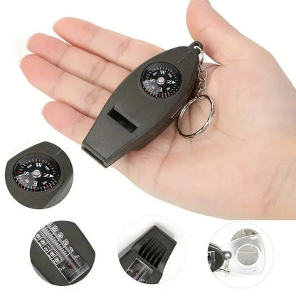 1/2/5pcs 4-In-1 Compass, Thermometer, Magnifier, Whistle, With Clear Temperature Dial, Built-In Magnifier And Loud Whistle, Compact Outdoor Tool, Suitable For Camping, Hiking, Outdoor Gear Keychain