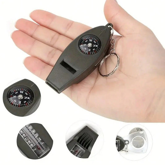 1/2/5pcs 4-In-1 Compass, Thermometer, Magnifier, Whistle, With Clear Temperature Dial, Built-In Magnifier And Loud Whistle, Compact Outdoor Tool, Suitable For Camping, Hiking, Outdoor Gear Keychain