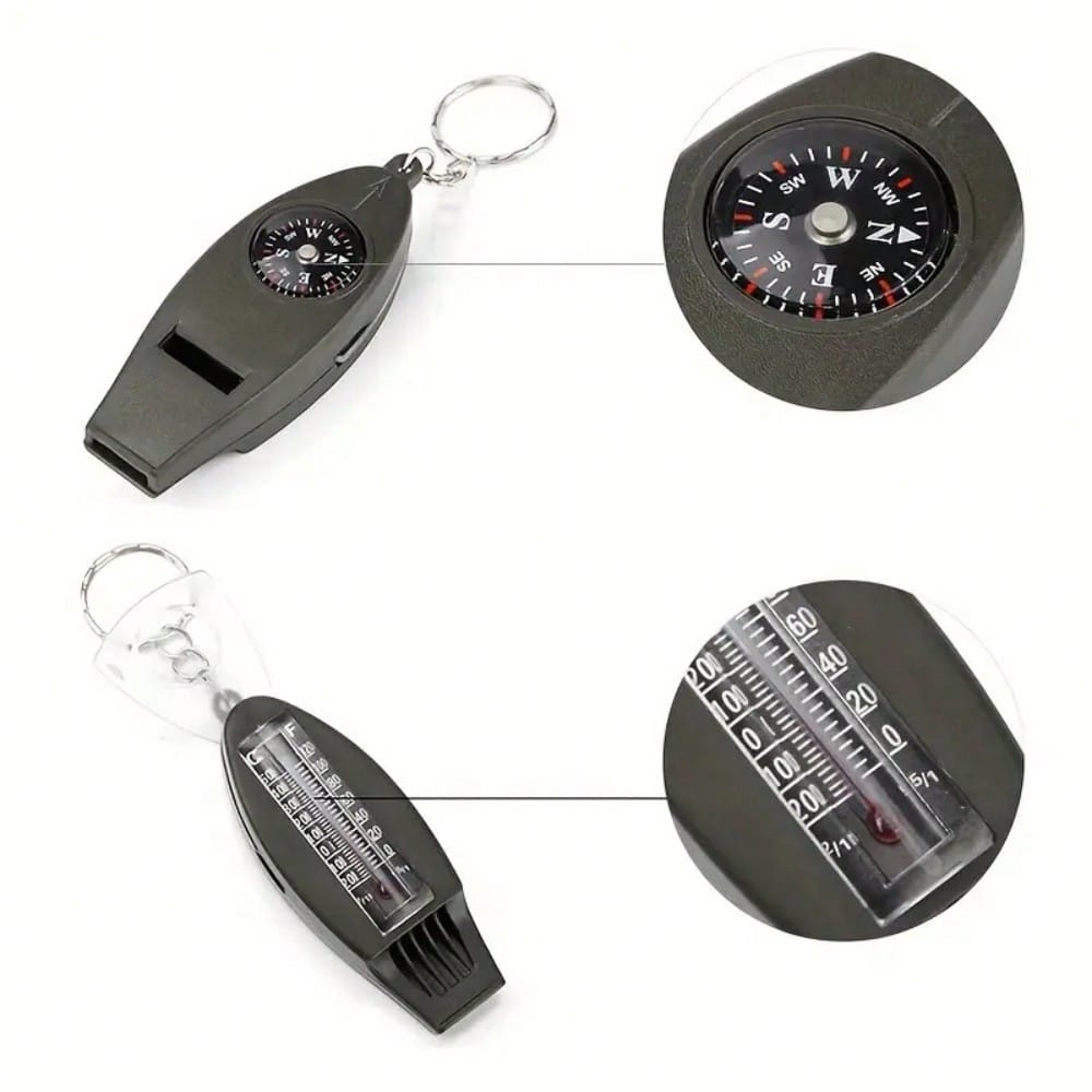1/2/5pcs 4-In-1 Compass, Thermometer, Magnifier, Whistle, With Clear Temperature Dial, Built-In Magnifier And Loud Whistle, Compact Outdoor Tool, Suitable For Camping, Hiking, Outdoor Gear Keychain
