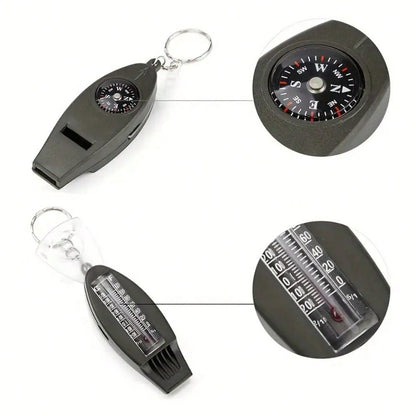 1/2/5pcs 4-In-1 Compass, Thermometer, Magnifier, Whistle, With Clear Temperature Dial, Built-In Magnifier And Loud Whistle, Compact Outdoor Tool, Suitable For Camping, Hiking, Outdoor Gear Keychain
