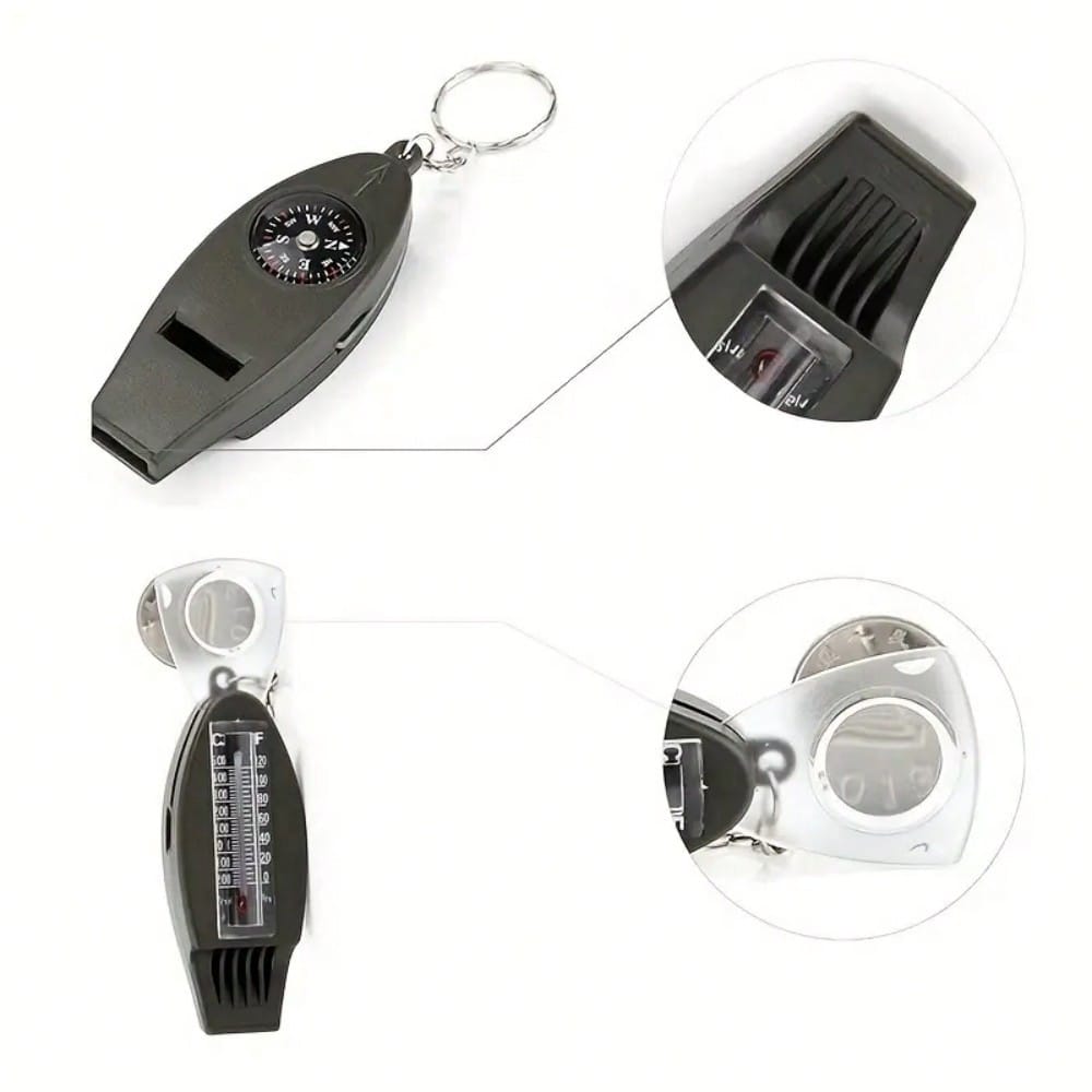 1/2/5pcs 4-In-1 Compass, Thermometer, Magnifier, Whistle, With Clear Temperature Dial, Built-In Magnifier And Loud Whistle, Compact Outdoor Tool, Suitable For Camping, Hiking, Outdoor Gear Keychain