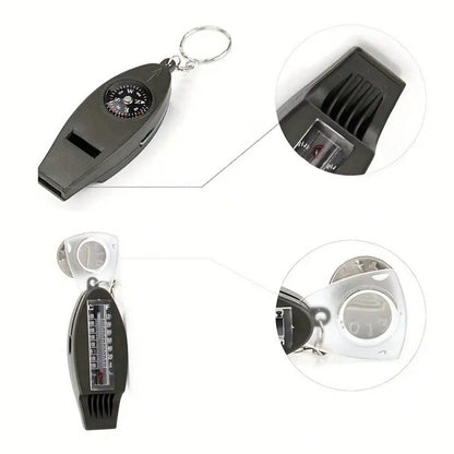 1/2/5pcs 4-In-1 Compass, Thermometer, Magnifier, Whistle, With Clear Temperature Dial, Built-In Magnifier And Loud Whistle, Compact Outdoor Tool, Suitable For Camping, Hiking, Outdoor Gear Keychain