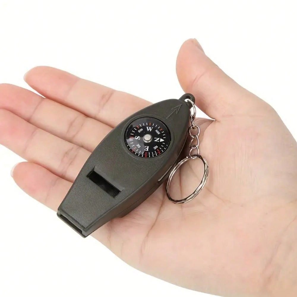 1/2/5pcs 4-In-1 Compass, Thermometer, Magnifier, Whistle, With Clear Temperature Dial, Built-In Magnifier And Loud Whistle, Compact Outdoor Tool, Suitable For Camping, Hiking, Outdoor Gear Keychain