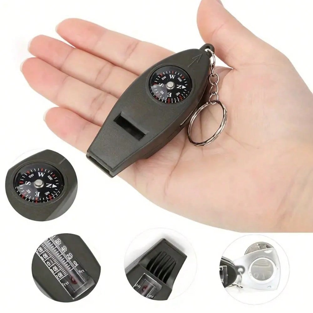 1/2/5pcs 4-In-1 Compass, Thermometer, Magnifier, Whistle, With Clear Temperature Dial, Built-In Magnifier And Loud Whistle, Compact Outdoor Tool, Suitable For Camping, Hiking, Outdoor Gear Keychain