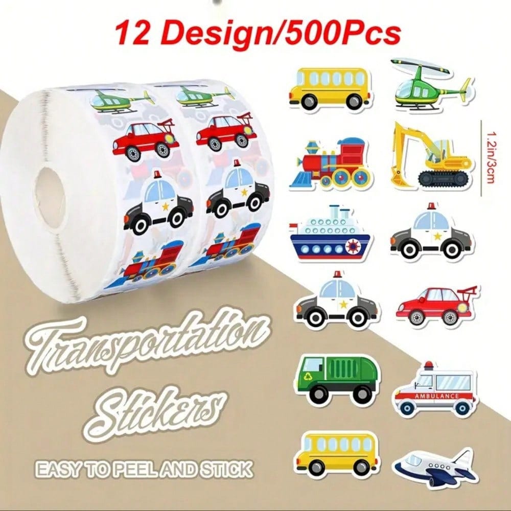 1/2 Roll, Cartoon Vehicle Transport Stickers, Creative Car & Airplane Pattern Adhesive Paper, Party Gift Envelope Stickers, Multi-Purpose Decorative Stickers For Laptop, Phone Case, Scrapbook, Water B