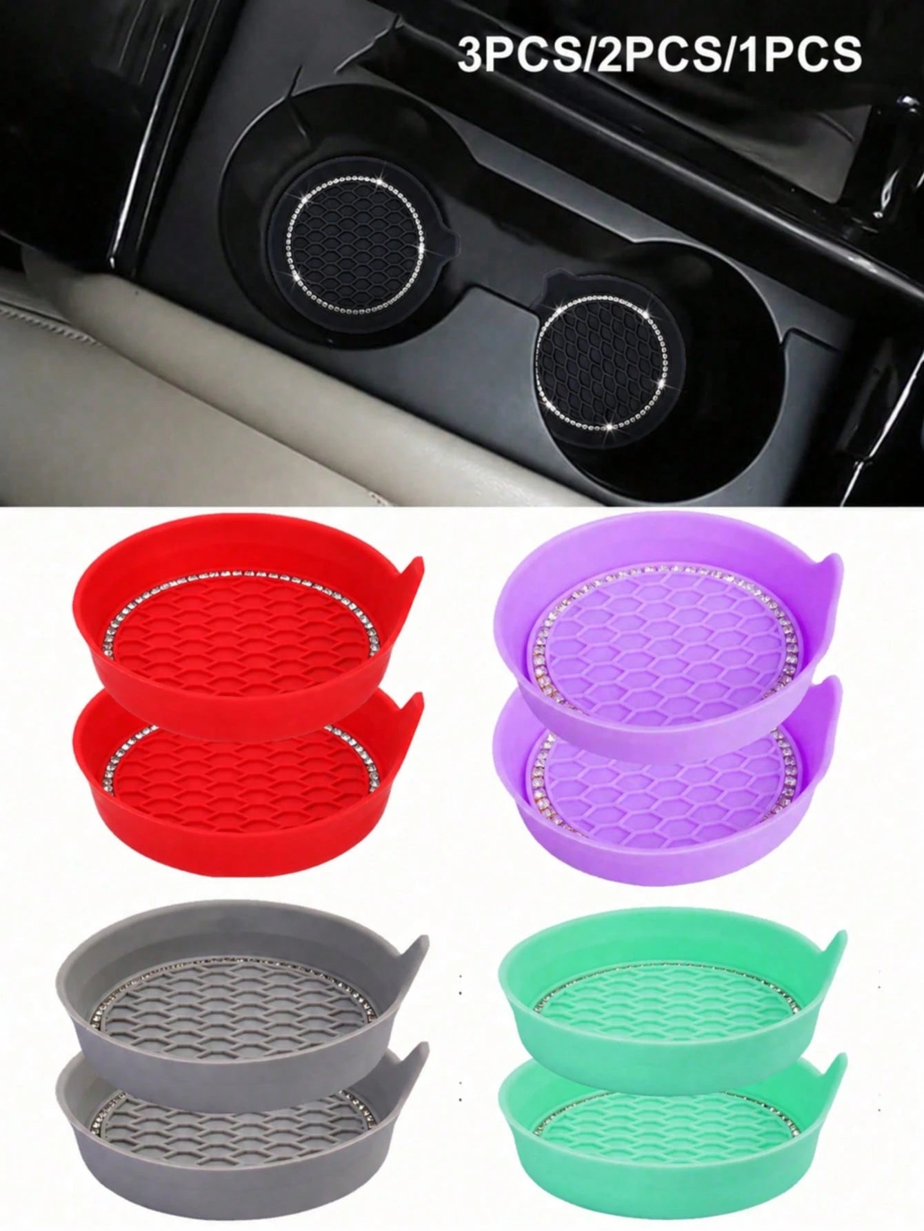 1/2pcs Car Cup Holder Coasters, Shiny Cup Holder Inlay Coasters, Universal Car Anti-Slip Cup Holder Decorative Silicone Cup Mats, Car Interior Pad, 8cm/3.1in Soft Crystal Rhinestone Rubber Coaster Set