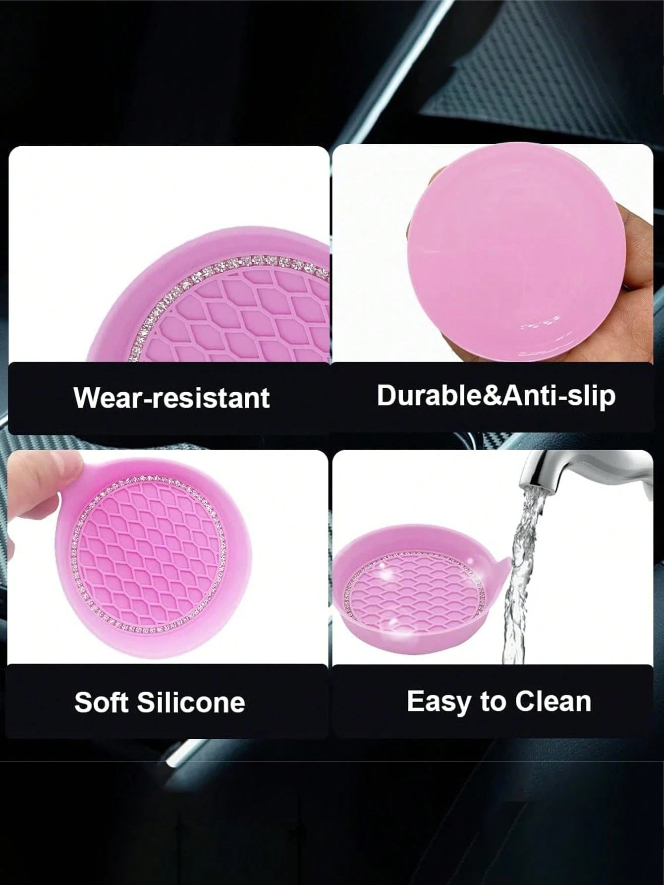 1/2pcs Car Cup Holder Coasters, Shiny Cup Holder Inlay Coasters, Universal Car Anti-Slip Cup Holder Decorative Silicone Cup Mats, Car Interior Pad, 8cm/3.1in Soft Crystal Rhinestone Rubber Coaster Set