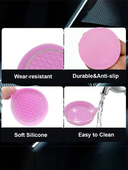 1/2pcs Car Cup Holder Coasters, Shiny Cup Holder Inlay Coasters, Universal Car Anti-Slip Cup Holder Decorative Silicone Cup Mats, Car Interior Pad, 8cm/3.1in Soft Crystal Rhinestone Rubber Coaster Set