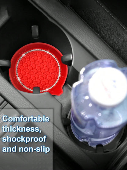 1/2pcs Car Cup Holder Coasters, Shiny Cup Holder Inlay Coasters, Universal Car Anti-Slip Cup Holder Decorative Silicone Cup Mats, Car Interior Pad, 8cm/3.1in Soft Crystal Rhinestone Rubber Coaster Set