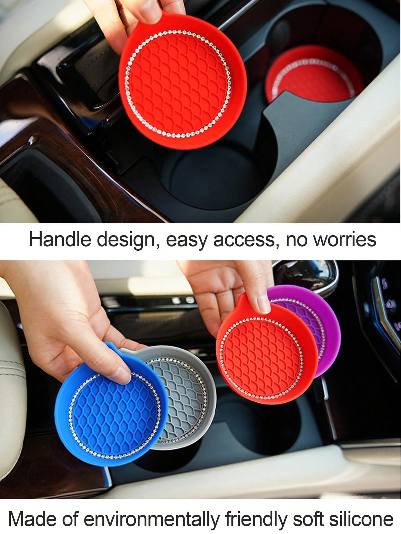 1/2pcs Car Cup Holder Coasters, Shiny Cup Holder Inlay Coasters, Universal Car Anti-Slip Cup Holder Decorative Silicone Cup Mats, Car Interior Pad, 8cm/3.1in Soft Crystal Rhinestone Rubber Coaster Set