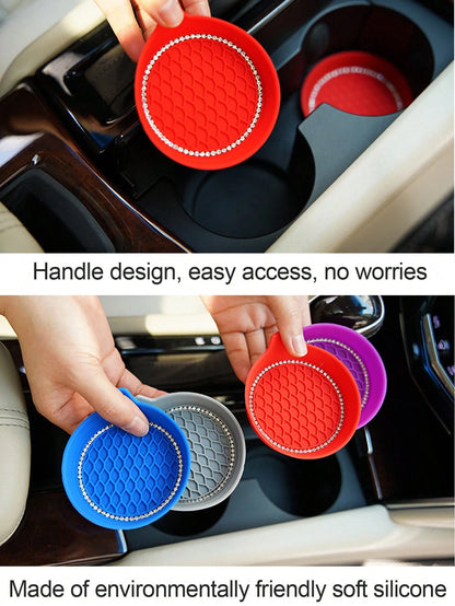 1/2pcs Car Cup Holder Coasters, Shiny Cup Holder Inlay Coasters, Universal Car Anti-Slip Cup Holder Decorative Silicone Cup Mats, Car Interior Pad, 8cm/3.1in Soft Crystal Rhinestone Rubber Coaster Set