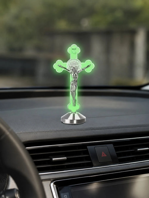 1/2pcs Glowing St. Benedict Cross With INRI Plaque, Luminous Religious Cross Statue, 360° Elegant Religious Decor, Suitable For Car Dashboard, Desk And Shelf