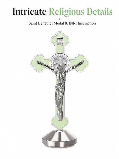 1/2pcs Glowing St. Benedict Cross With INRI Plaque, Luminous Religious Cross Statue, 360° Elegant Religious Decor, Suitable For Car Dashboard, Desk And Shelf