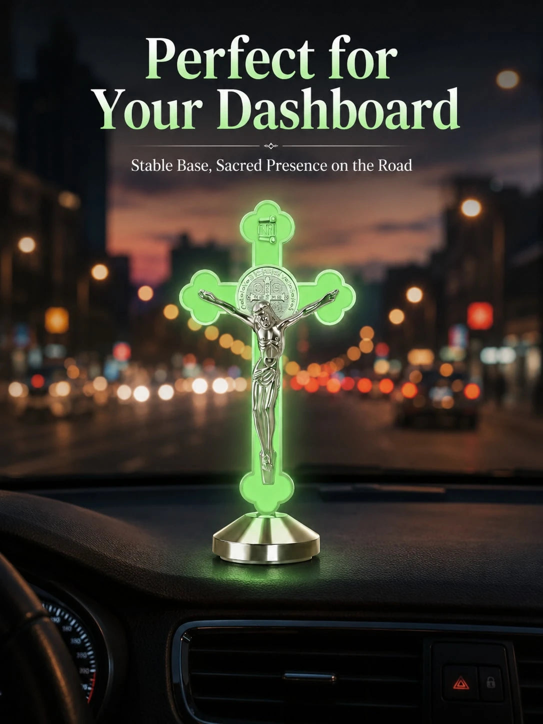 1/2pcs Glowing St. Benedict Cross With INRI Plaque, Luminous Religious Cross Statue, 360° Elegant Religious Decor, Suitable For Car Dashboard, Desk And Shelf