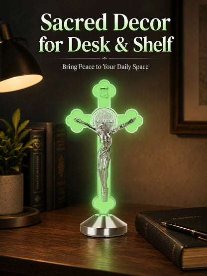 1/2pcs Glowing St. Benedict Cross With INRI Plaque, Luminous Religious Cross Statue, 360° Elegant Religious Decor, Suitable For Car Dashboard, Desk And Shelf