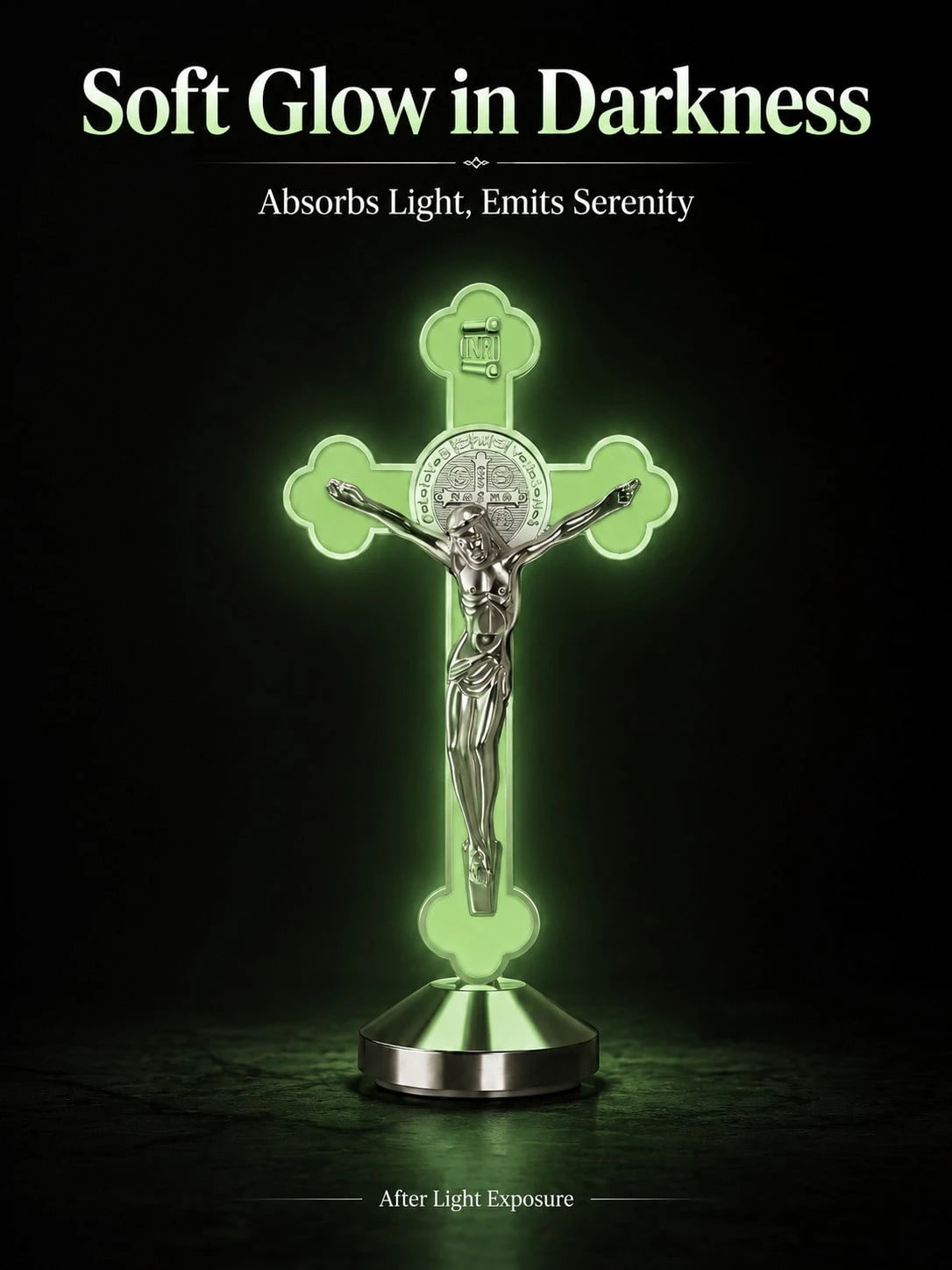 1/2pcs Glowing St. Benedict Cross With INRI Plaque, Luminous Religious Cross Statue, 360° Elegant Religious Decor, Suitable For Car Dashboard, Desk And Shelf