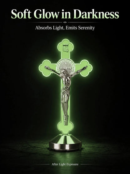 1/2pcs Glowing St. Benedict Cross With INRI Plaque, Luminous Religious Cross Statue, 360° Elegant Religious Decor, Suitable For Car Dashboard, Desk And Shelf