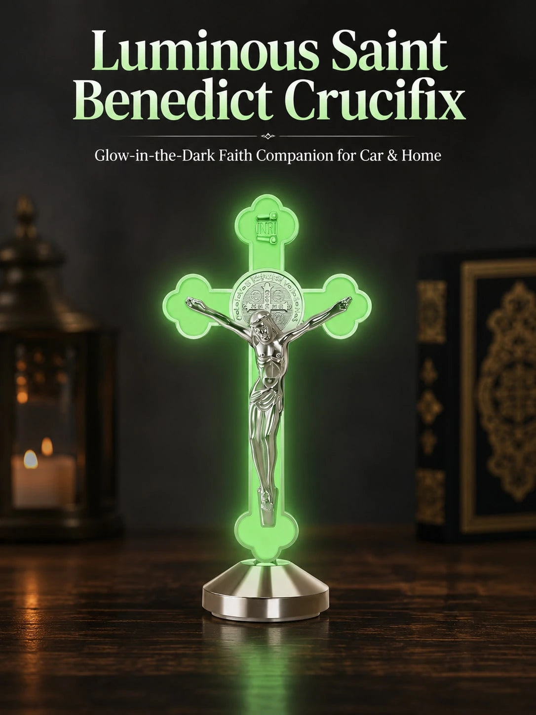 1/2pcs Glowing St. Benedict Cross With INRI Plaque, Luminous Religious Cross Statue, 360° Elegant Religious Decor, Suitable For Car Dashboard, Desk And Shelf