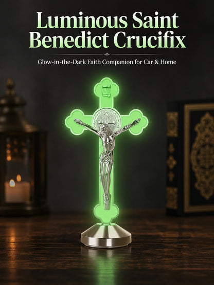 1/2pcs Glowing St. Benedict Cross With INRI Plaque, Luminous Religious Cross Statue, 360° Elegant Religious Decor, Suitable For Car Dashboard, Desk And Shelf