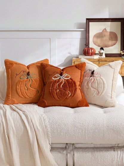 1/2pcs Halloween Beige Quilted Bow + Pumpkin Decorative Pillowcase, Soft And Comfortable Fabric, Fluffy Soft Home Decor Cushion, Holiday Home Pillowcase Decoration, Modern Decor Sofa, Home Bedroom