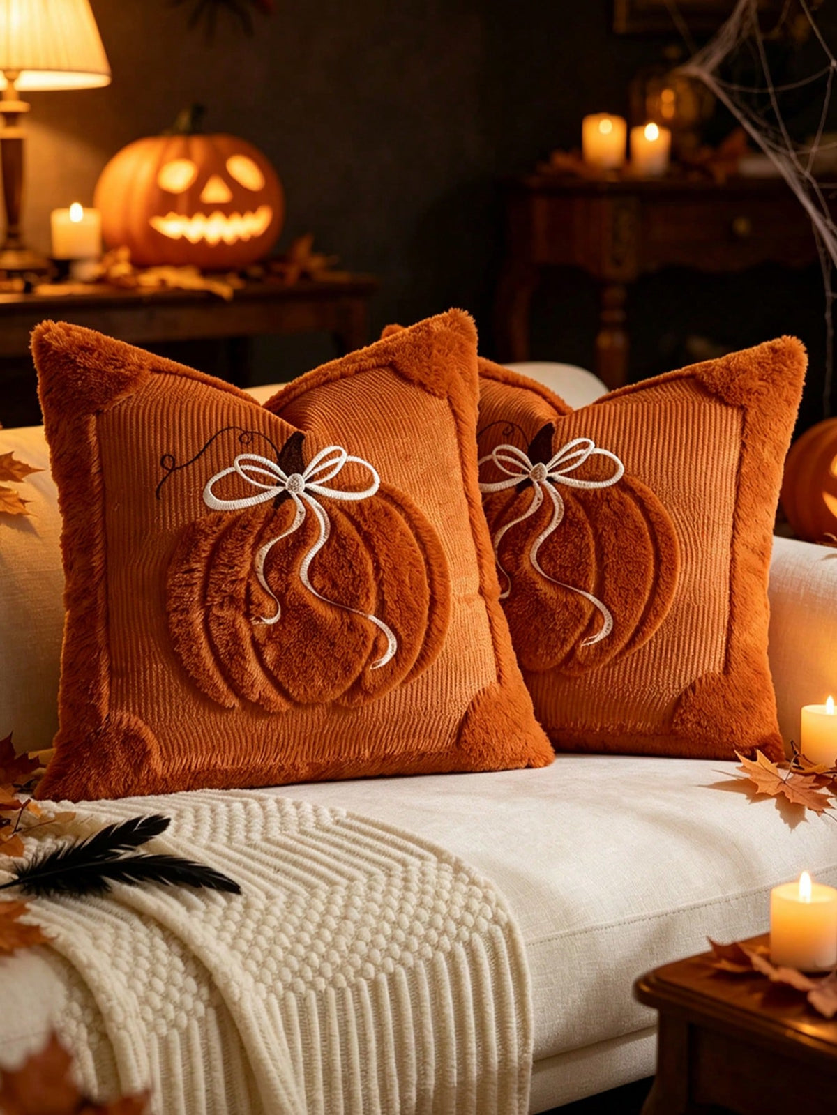 1/2pcs Halloween Beige Quilted Bow + Pumpkin Decorative Pillowcase, Soft And Comfortable Fabric, Fluffy Soft Home Decor Cushion, Holiday Home Pillowcase Decoration, Modern Decor Sofa, Home Bedroom