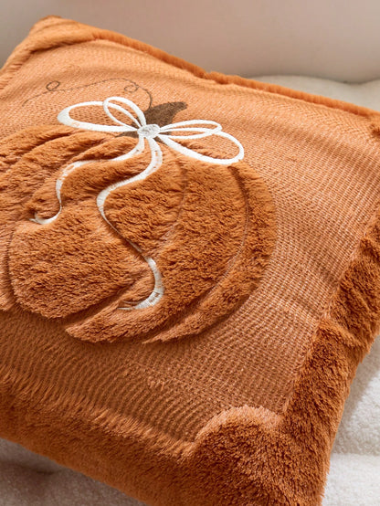 1/2pcs Halloween Beige Quilted Bow + Pumpkin Decorative Pillowcase, Soft And Comfortable Fabric, Fluffy Soft Home Decor Cushion, Holiday Home Pillowcase Decoration, Modern Decor Sofa, Home Bedroom
