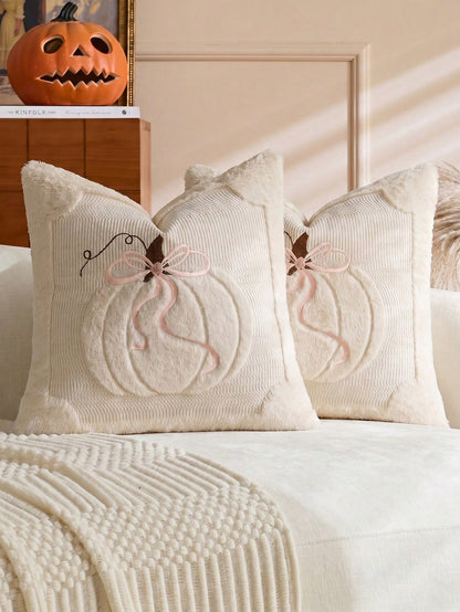 1/2pcs Halloween Beige Quilted Bow + Pumpkin Decorative Pillowcase, Soft And Comfortable Fabric, Fluffy Soft Home Decor Cushion, Holiday Home Pillowcase Decoration, Modern Decor Sofa, Home Bedroom