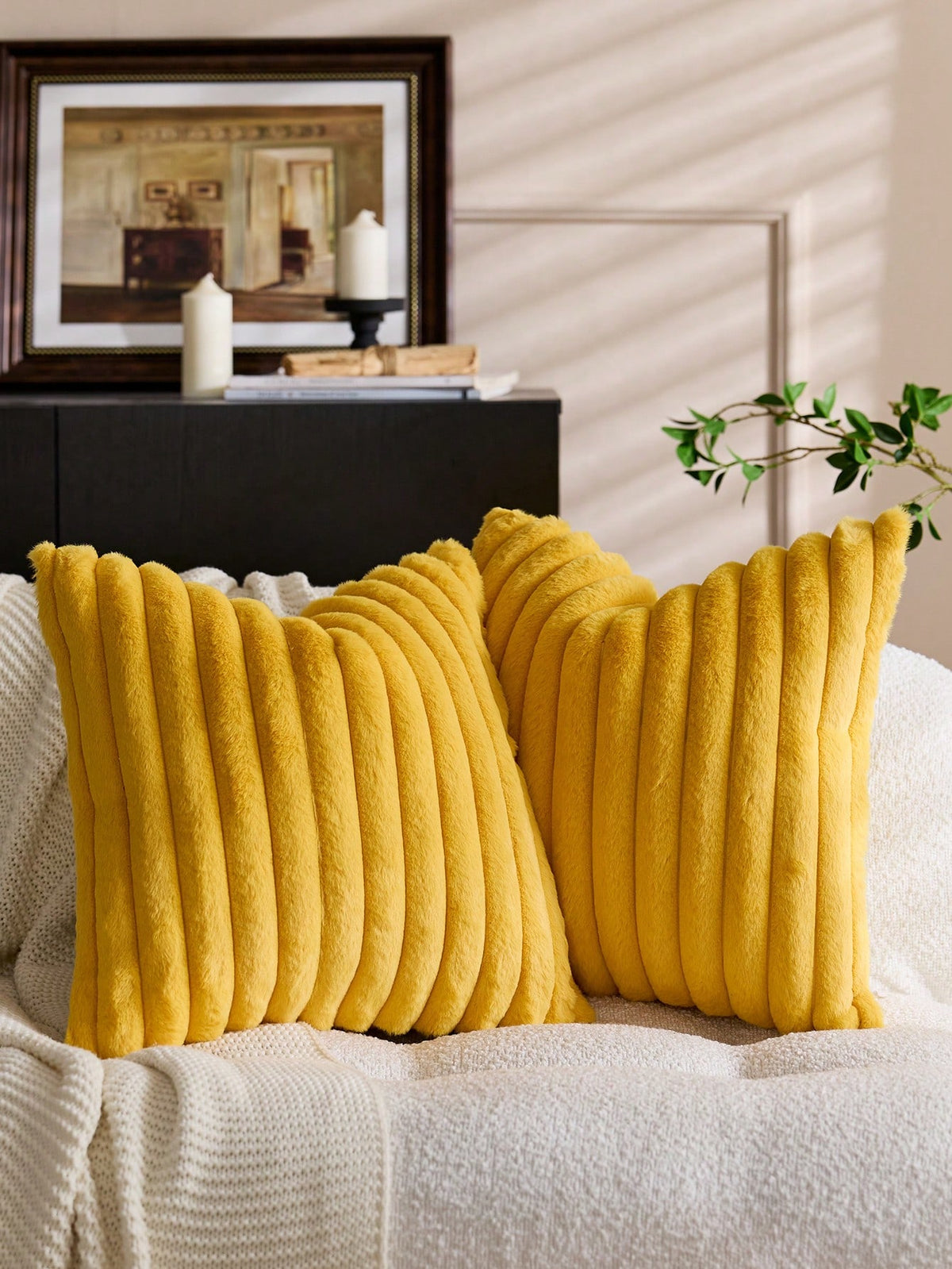 1/2pcs Solid Color Striped Faux Rabbit Fur Decorative Pillow Covers, Back Side Dutch Velvet Fabric, Square Cushion Covers, Holiday Home Decor Pillows, Soft Comfortable Velvet Fabric, Modern Decorative