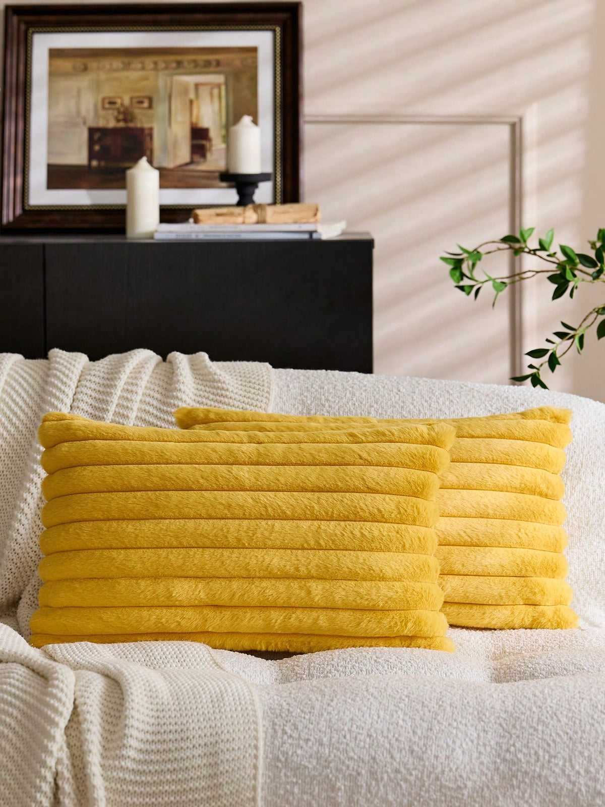 1/2pcs Solid Color Striped Faux Rabbit Fur Decorative Pillow Covers, Back Side Dutch Velvet Fabric, Square Cushion Covers, Holiday Home Decor Pillows, Soft Comfortable Velvet Fabric, Modern Decorative